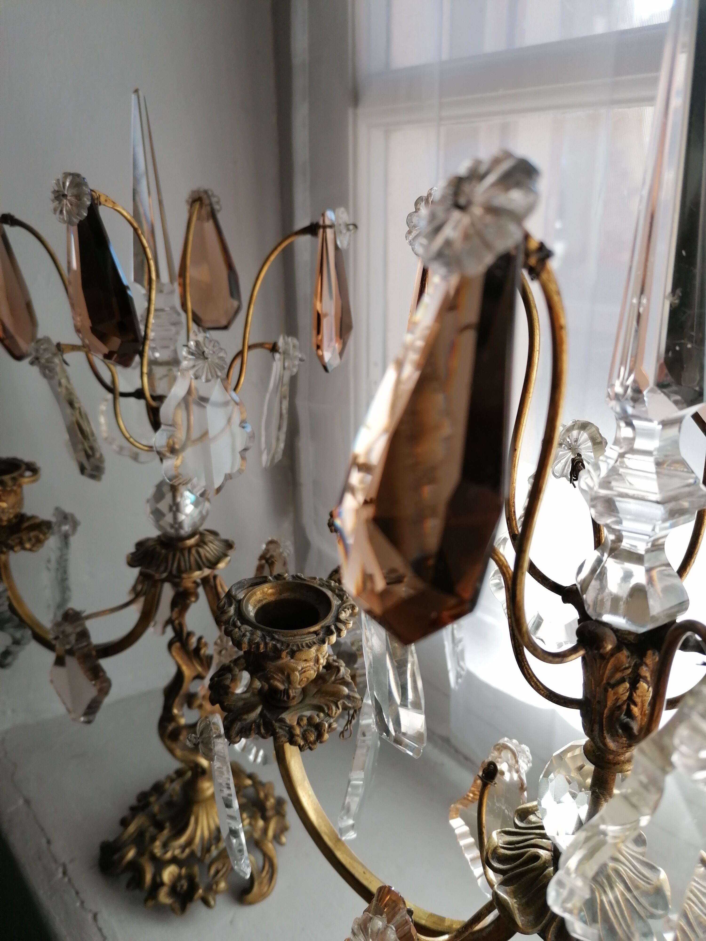 Pair of girandoles, candlesticks with crystal tassels