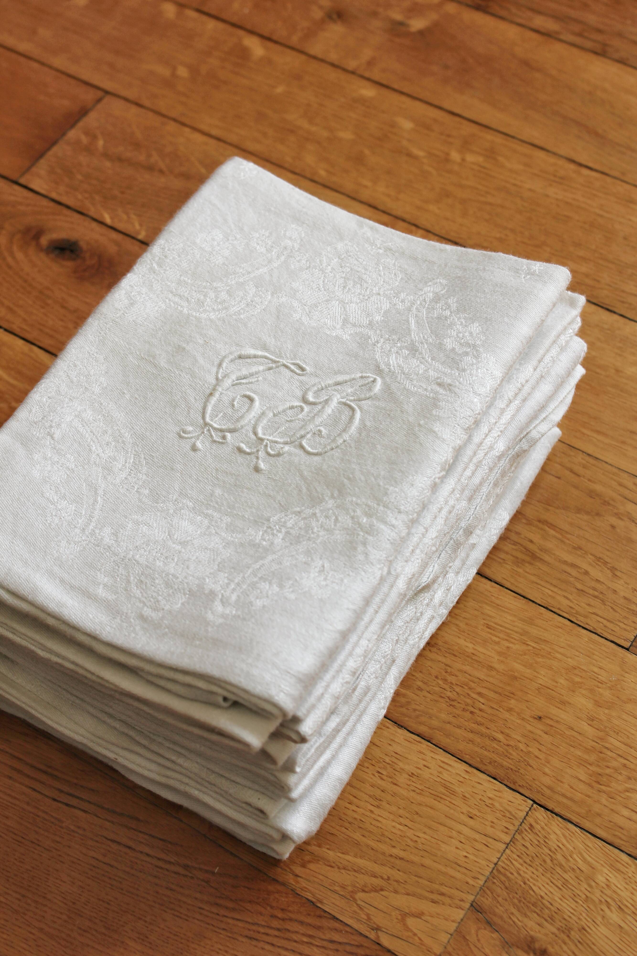 8 antique napkins in monogrammed and damask white linen