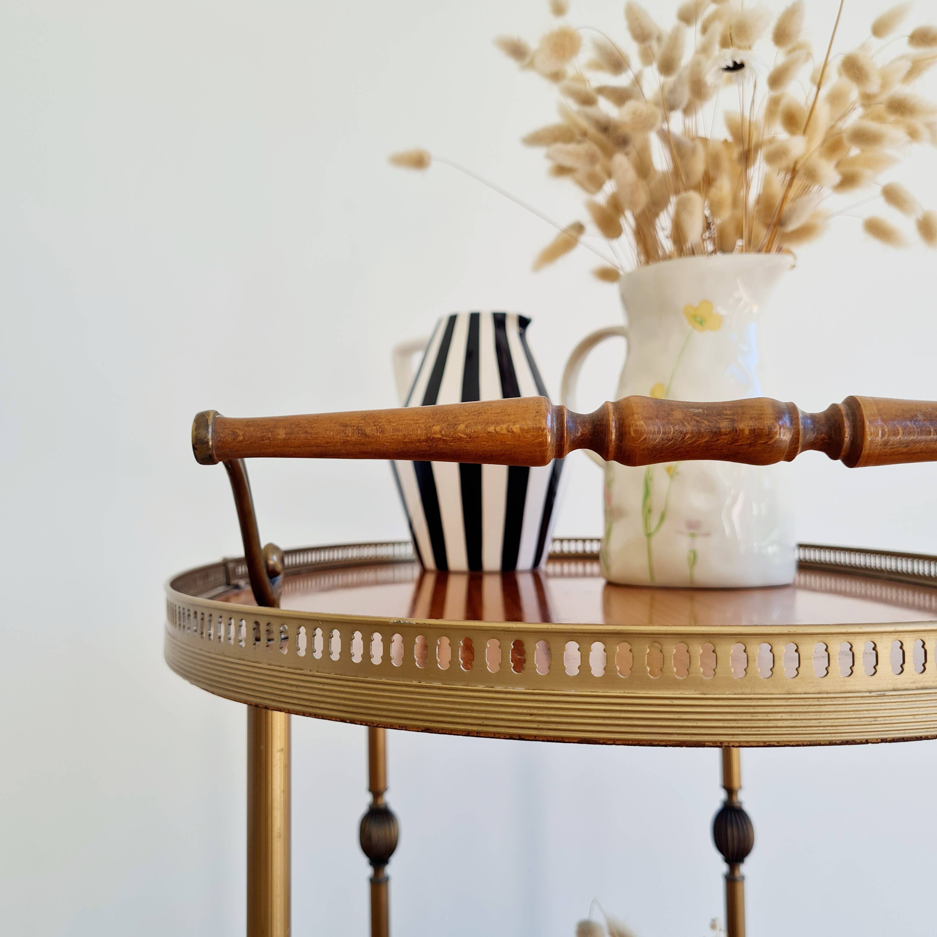 Antique brass rolling oval tray trolley