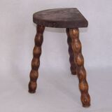French vintage traditional handmade half moon milking stool with bobbin leg