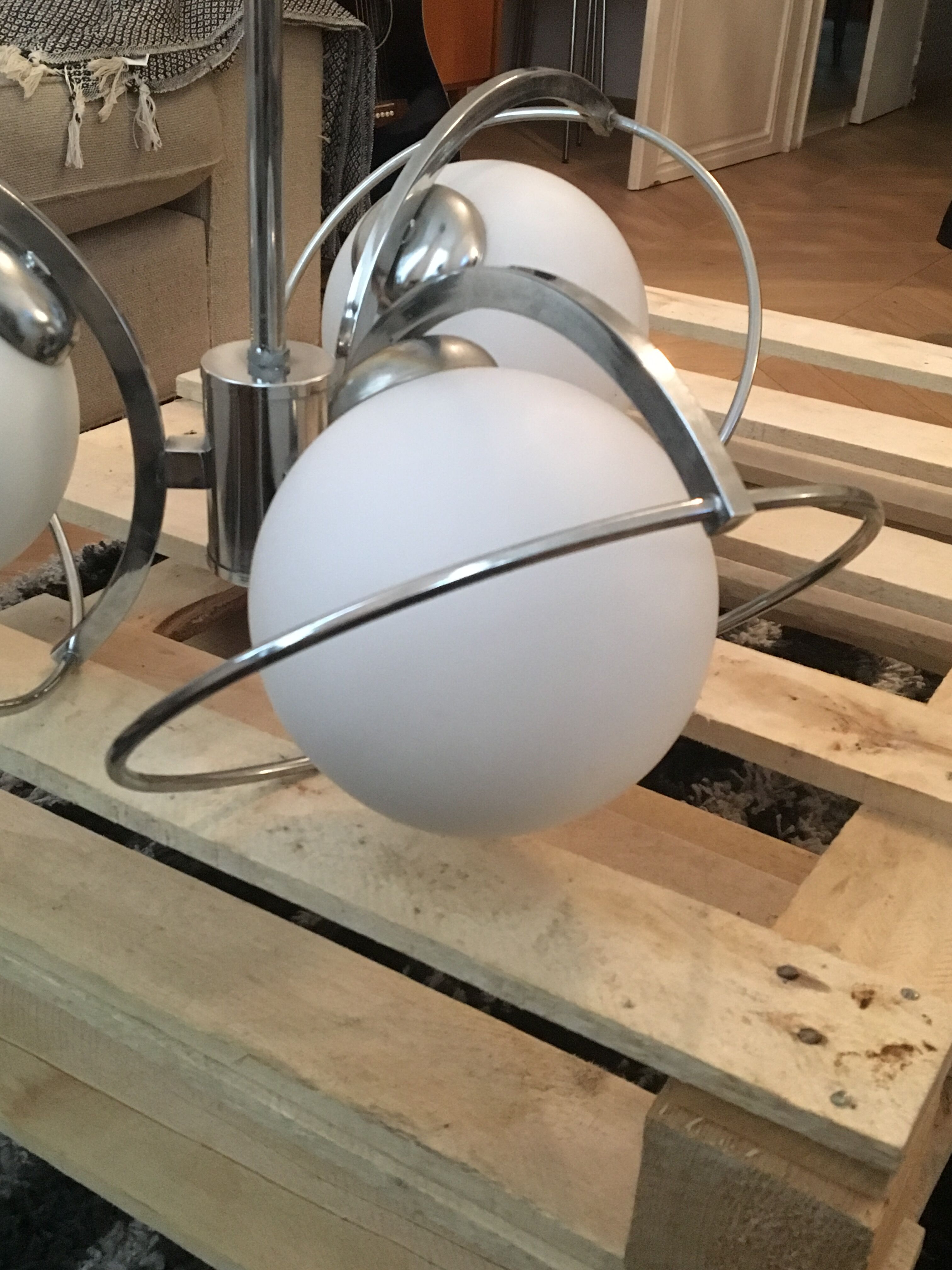 Space age hanging lamp 70s metal and glass