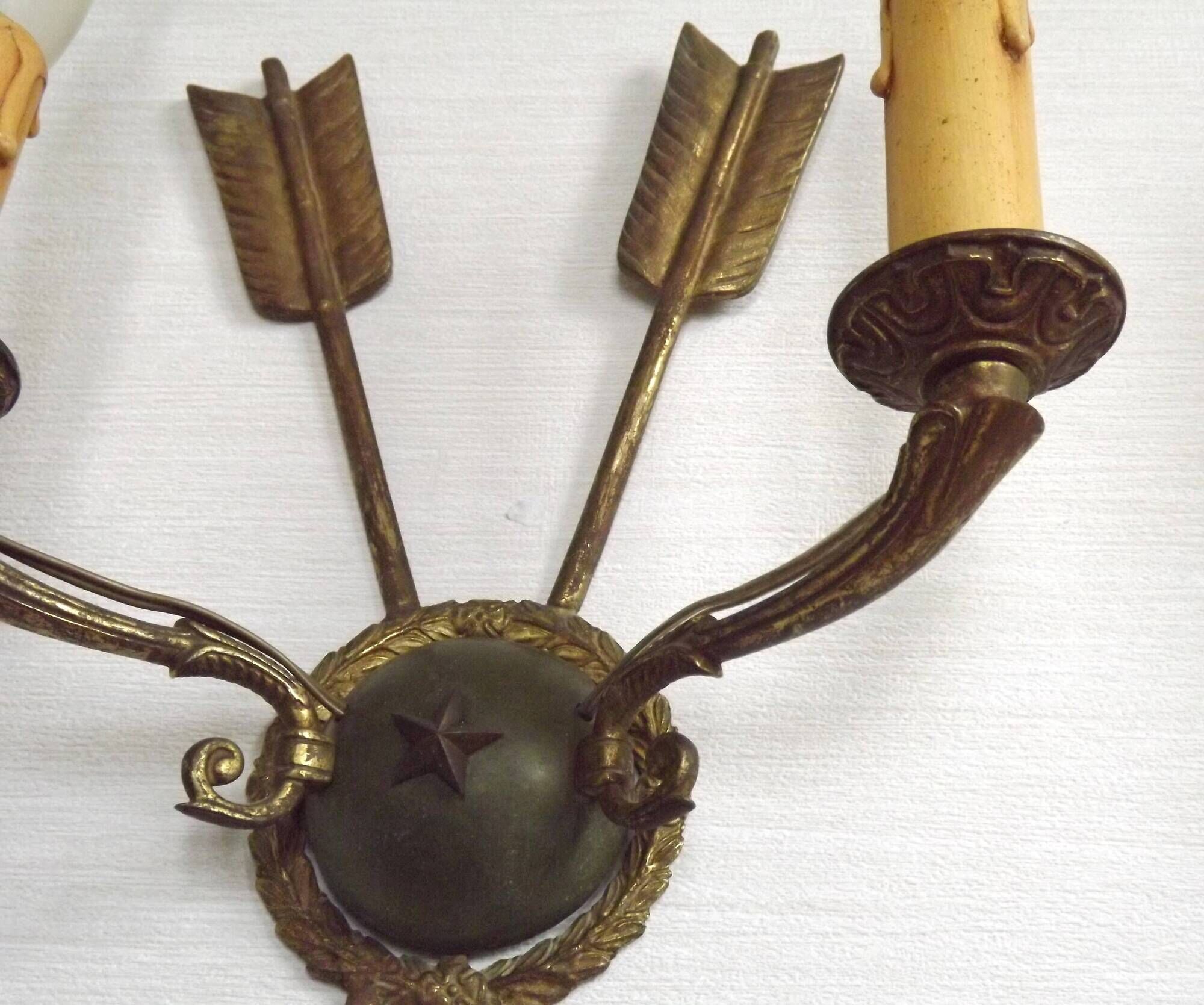 French Vintage Bronze Empire Arrow & Quiver Criss Cross Double Wall Sconces
