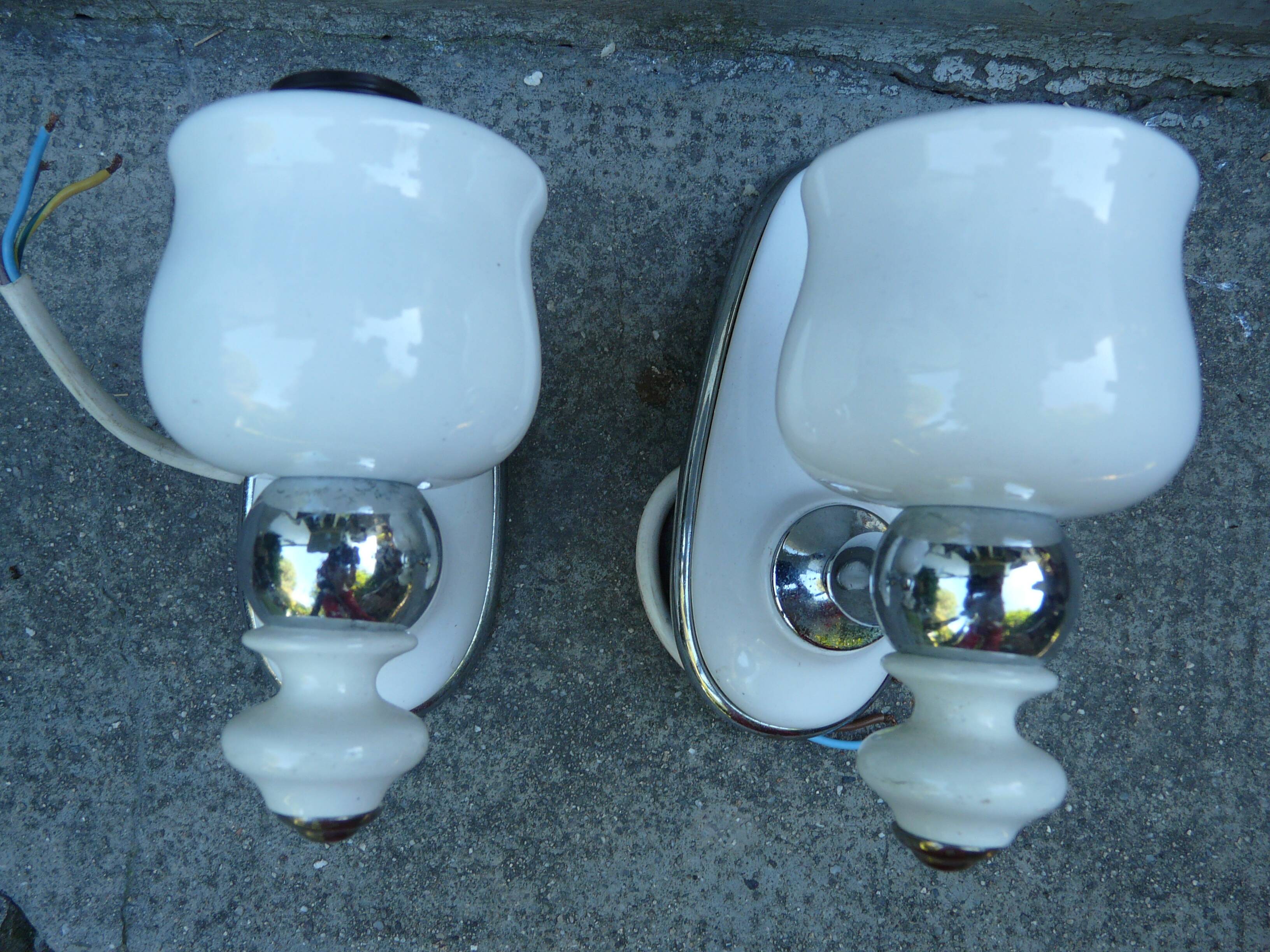 Pair of chrome and white ceramic wall lights