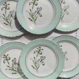 6 vintage white and green porcelain dinner plates Iris Moulin des Loups "Sargosse" 1950s