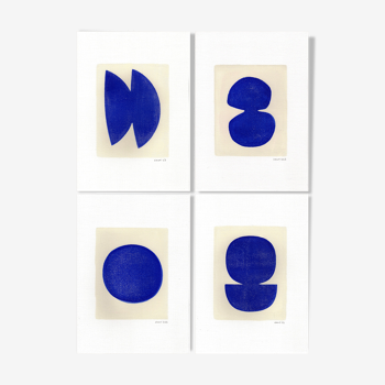 Série de 4 peintures sur papier - Compositions abstraites bleues - signées Eawy -