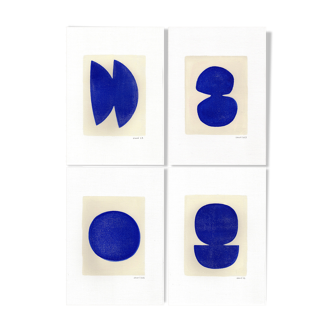 Série de 4 peintures sur papier - Compositions abstraites bleues - signées Eawy -