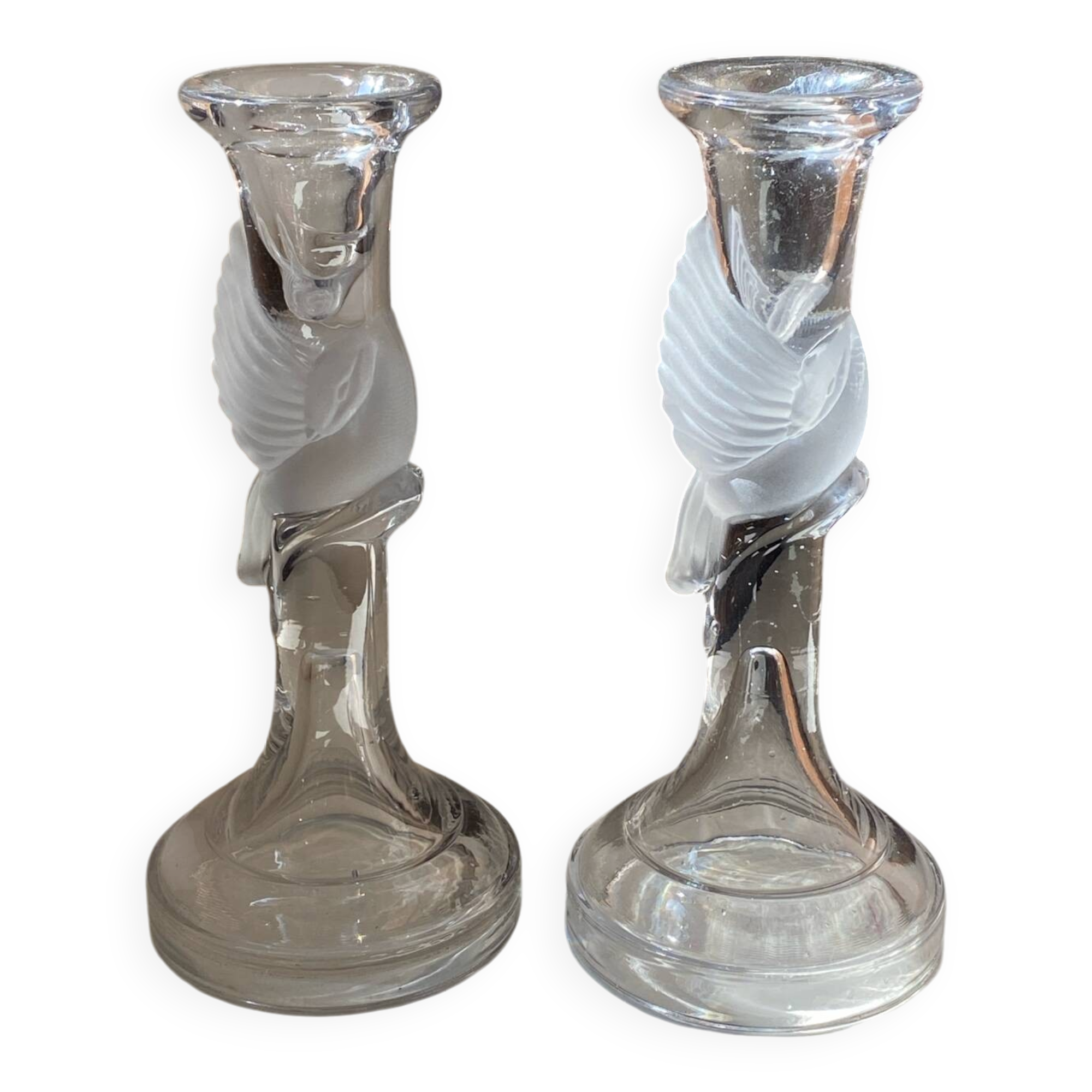 Pair of candlesticks, dove decor, in glass