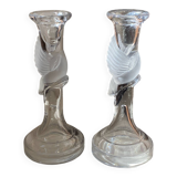 Pair of candlesticks, dove decor, in glass