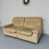 Old 2-seater beige leather sofa designed by Carl Larsson De Sede, vintage 80s