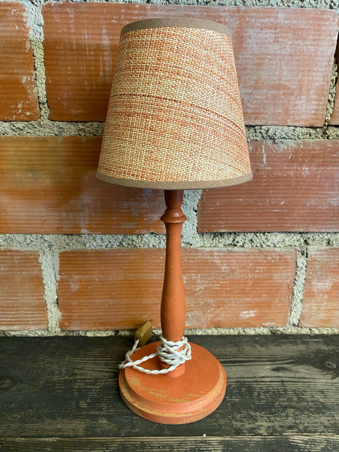 Pair of antique turned wood bedside lamps with push button switch