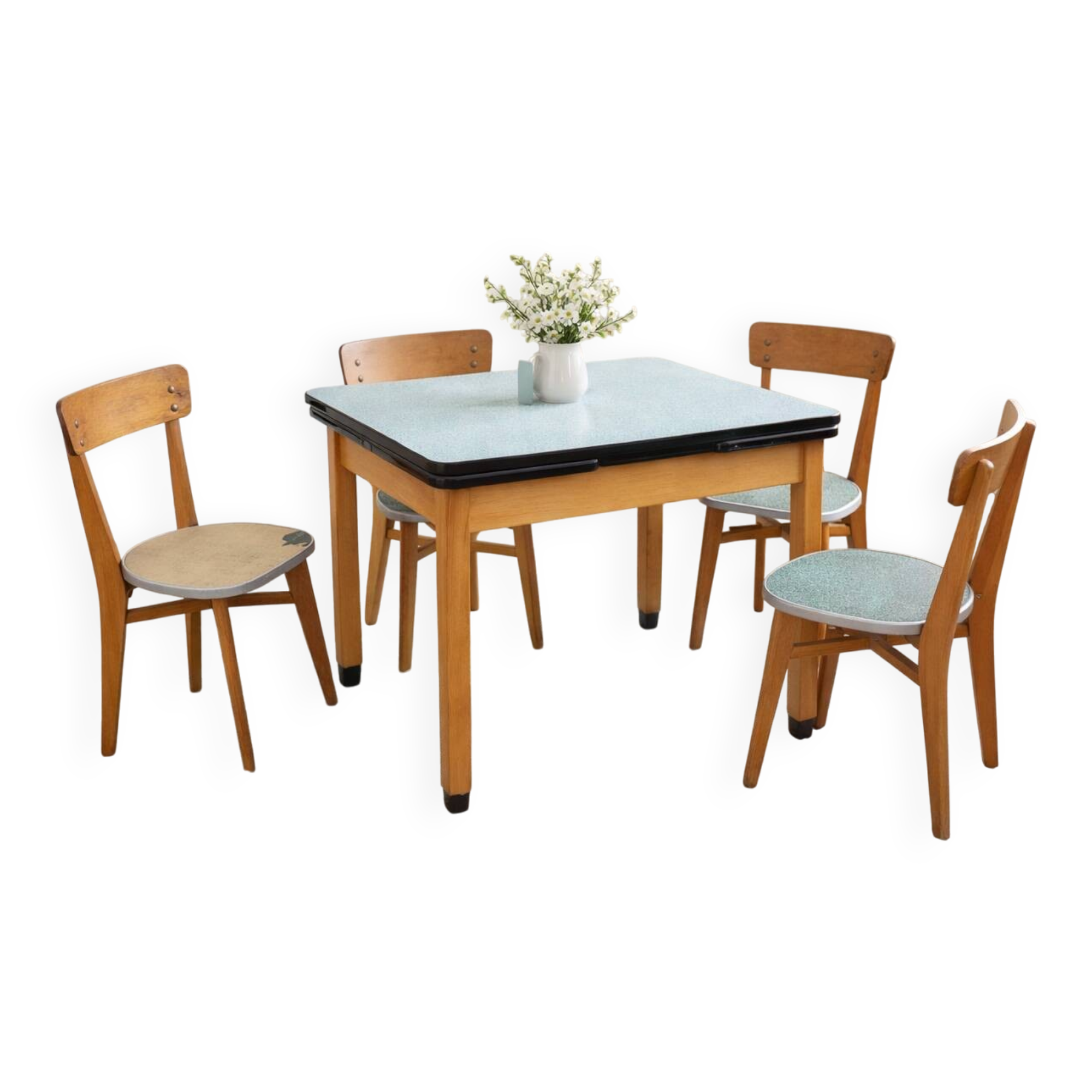 Vintage Scandinavian table and chair set with a wooden frame and formica top.