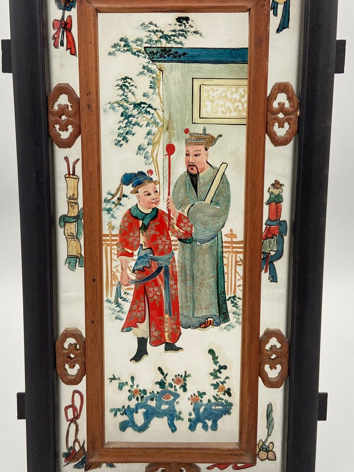 Fixed lantern plate under hand painted glass ironwood late nineteenth century
