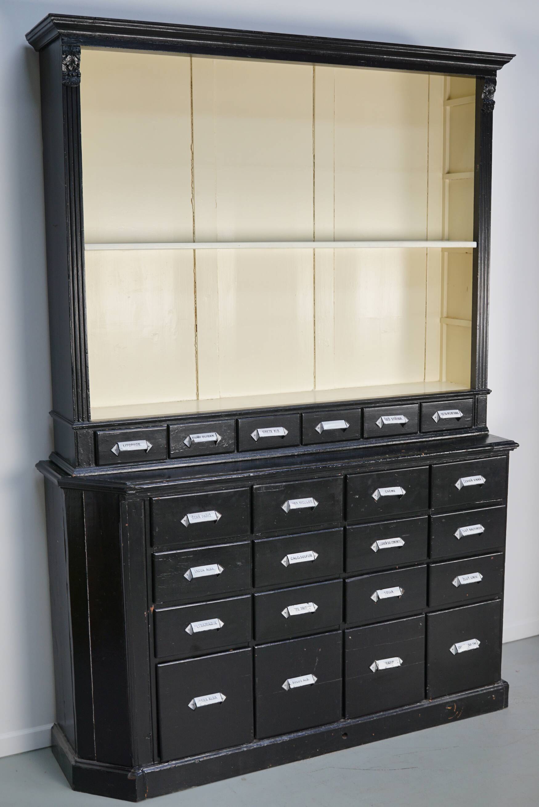 Large pair of antique apothecary cabinets painted black, Eastern Europe, 1910s