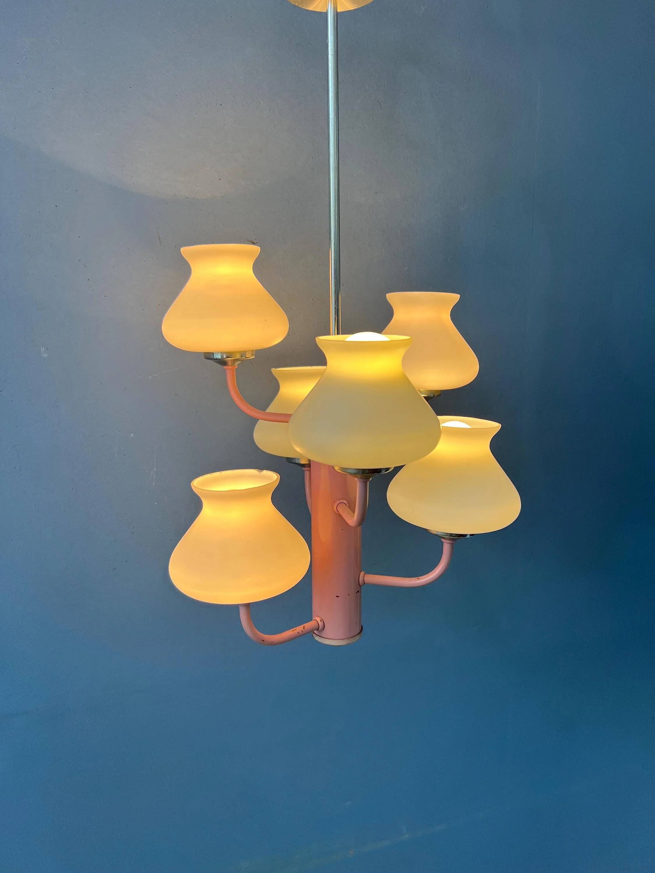 Mid-century opaline glass chandelier with a pink structure.