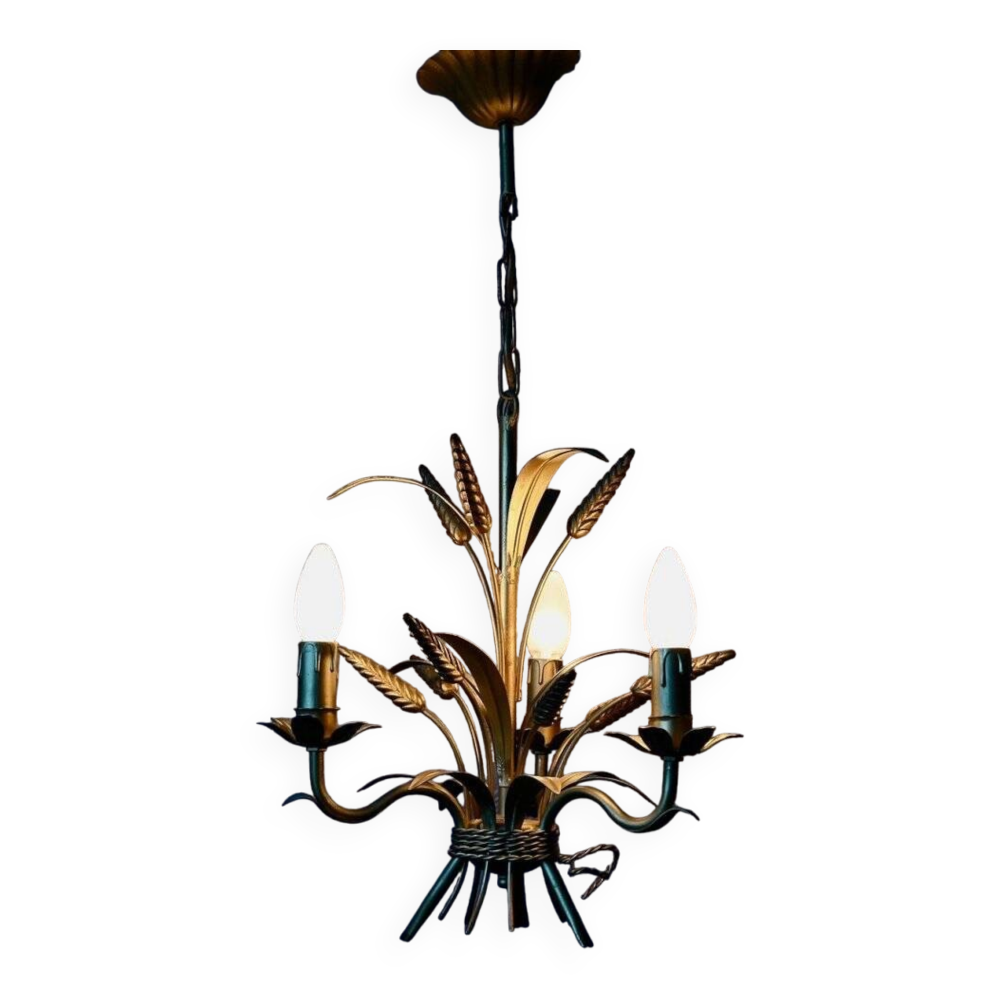 Vintage wheat spike chandelier in gold metal, 3 lights, 1970s Hollywood Regency.