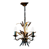 Vintage wheat spike chandelier in gold metal, 3 lights, 1970s Hollywood Regency.