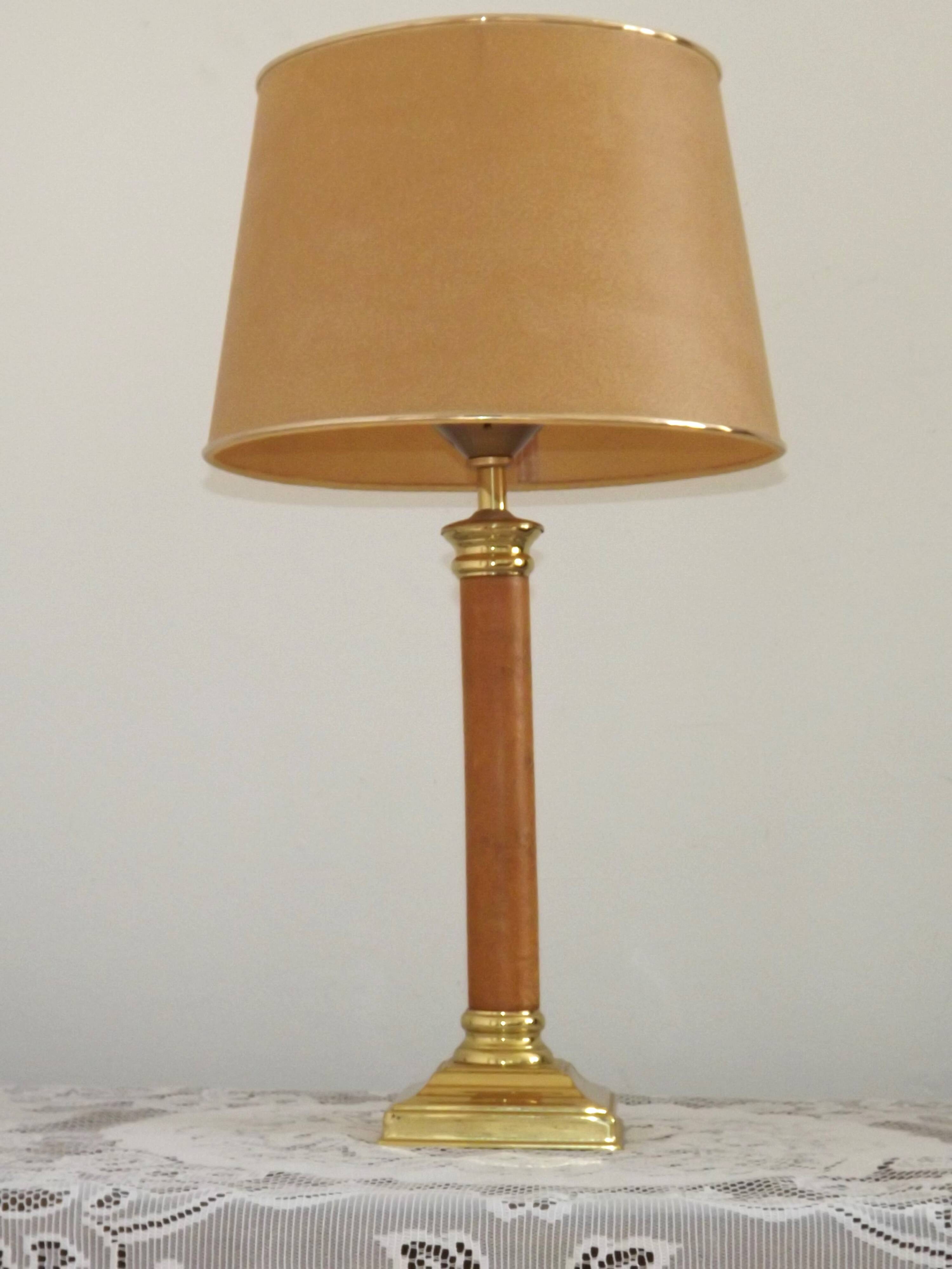 Tall French Mid Century Table Lamp Square Base With Beige and Gold Shade