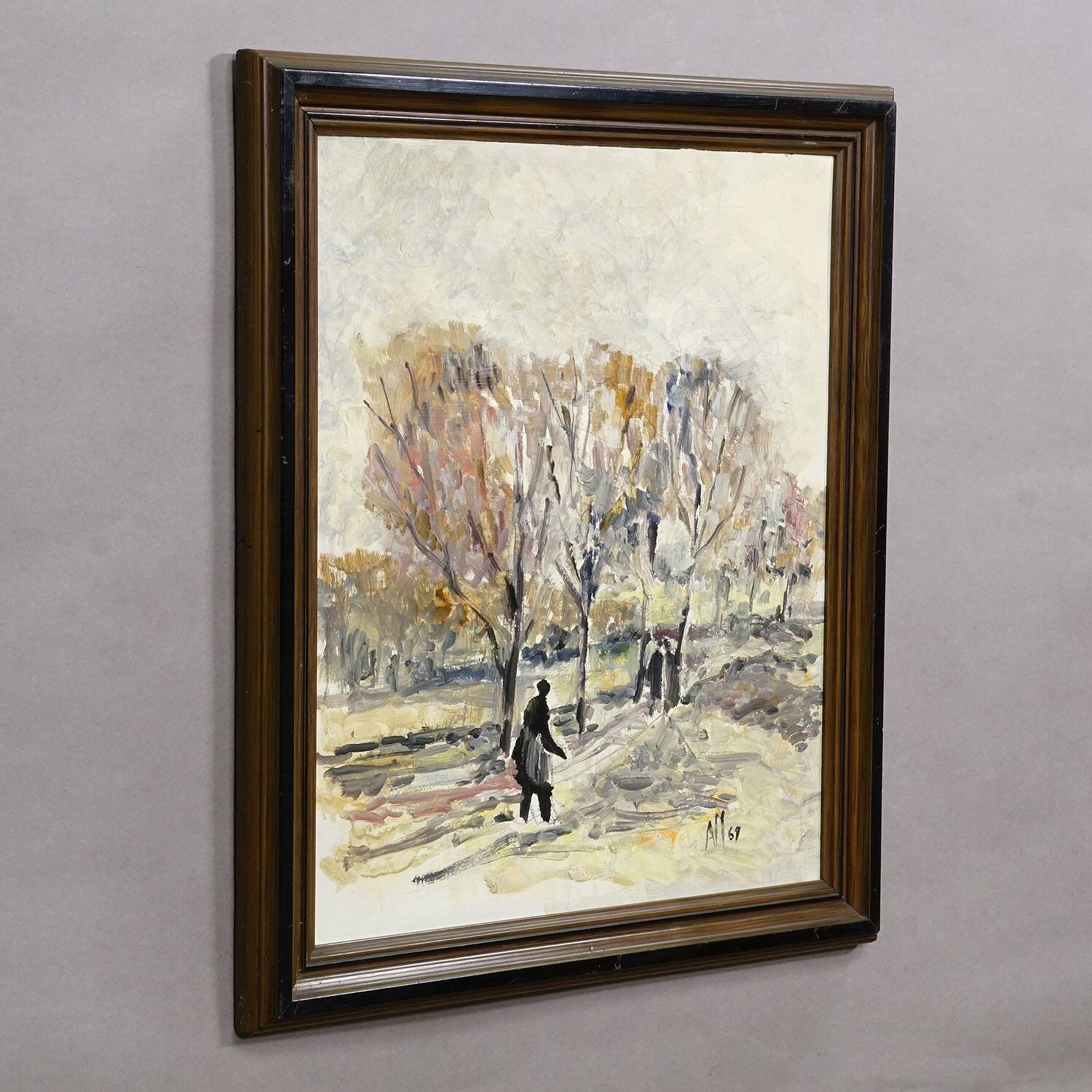 Oil painting by Alexander Michael of an autumn walk in a park, 1969.