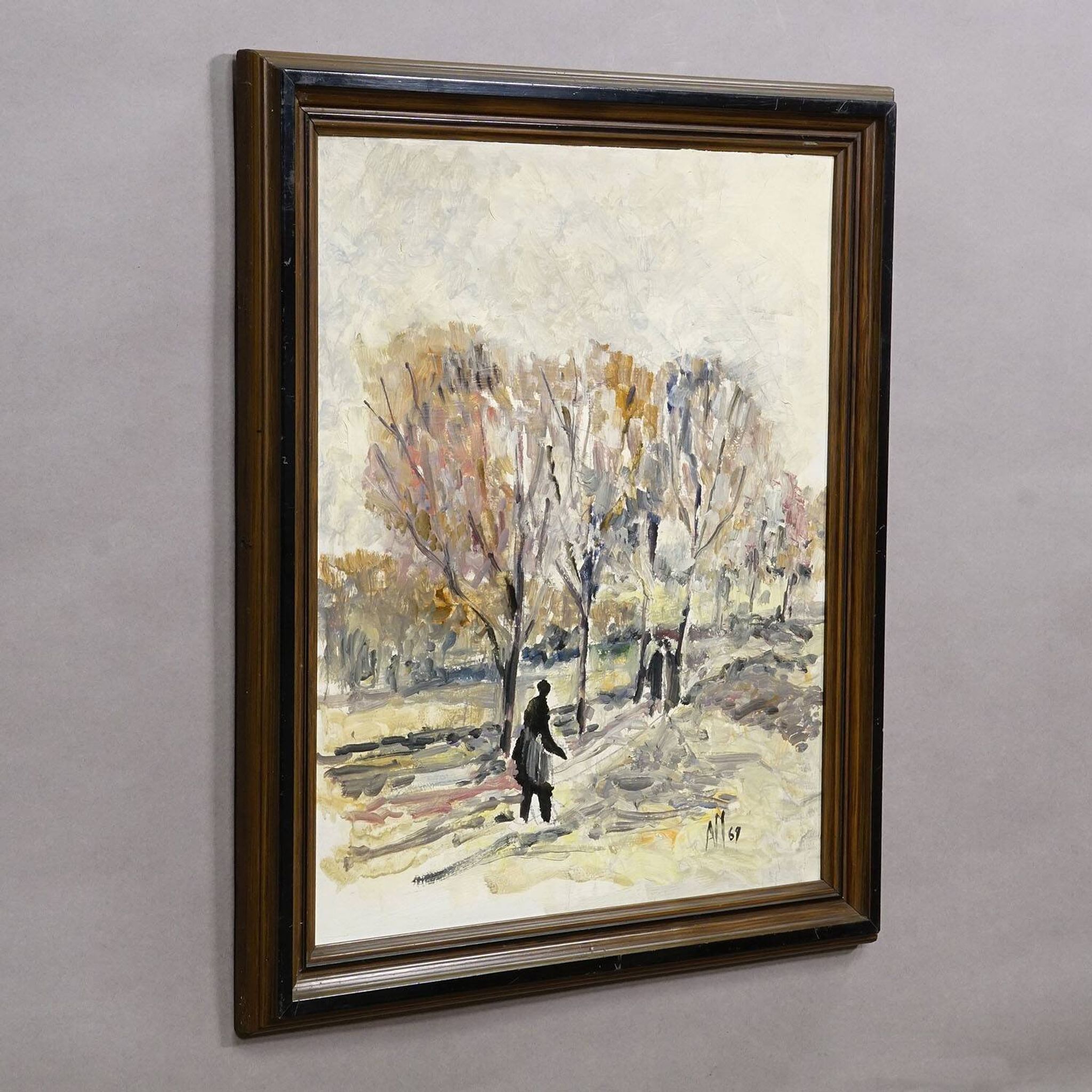 Oil painting by Alexander Michael of an autumn walk in a park, 1969.