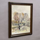 Oil painting by Alexander Michael of an autumn walk in a park, 1969.