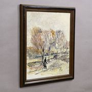 Oil painting by Alexander Michael of an autumn walk in a park, 1969.