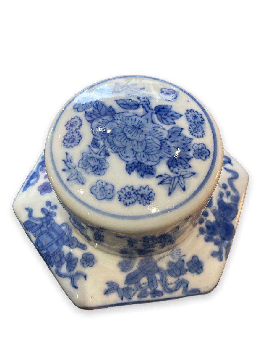 White and blue porcelain tea pot circa 1950