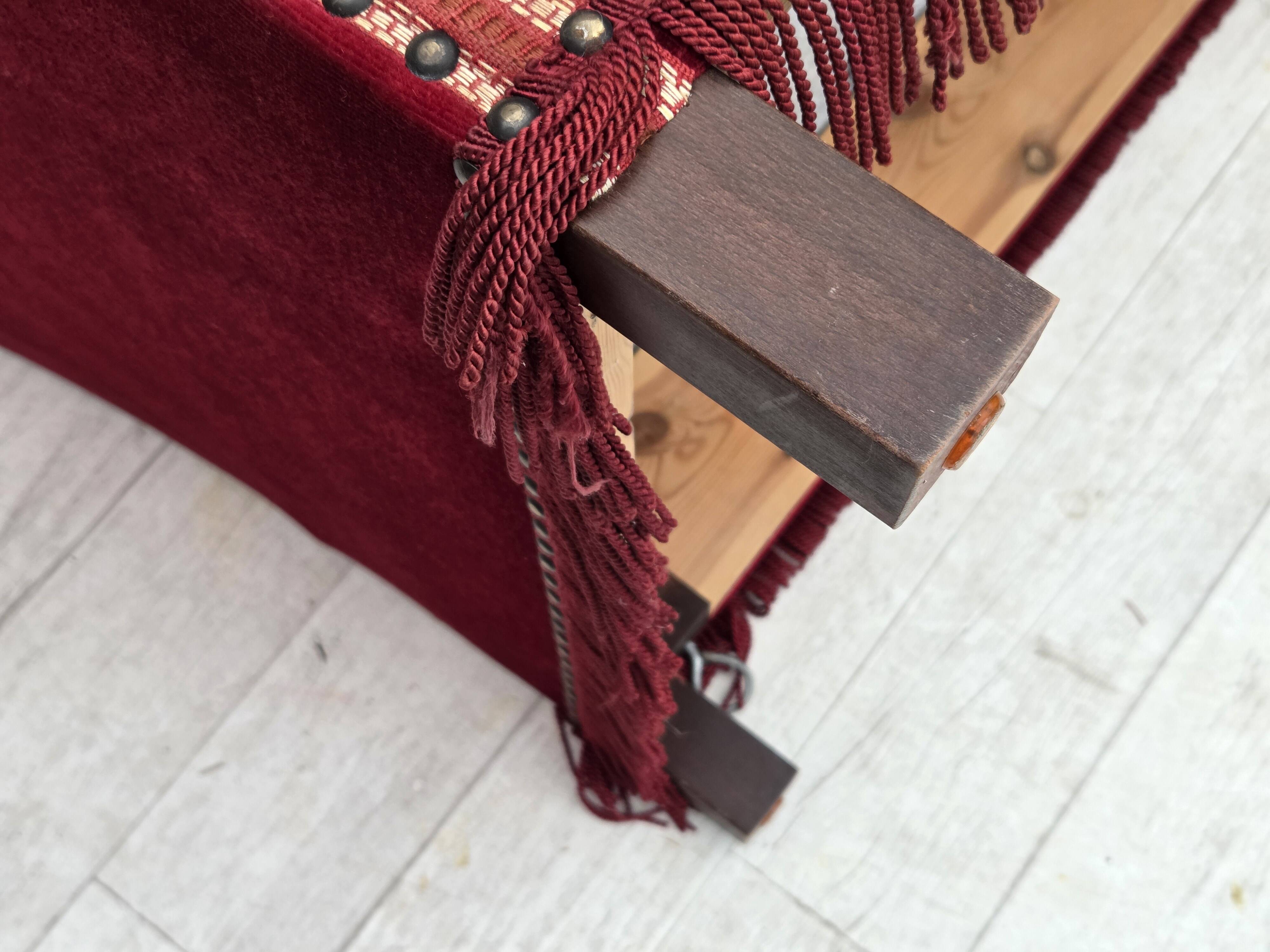 1970s, Danish "Spanish" sofa, furniture velour, ash wood legs.