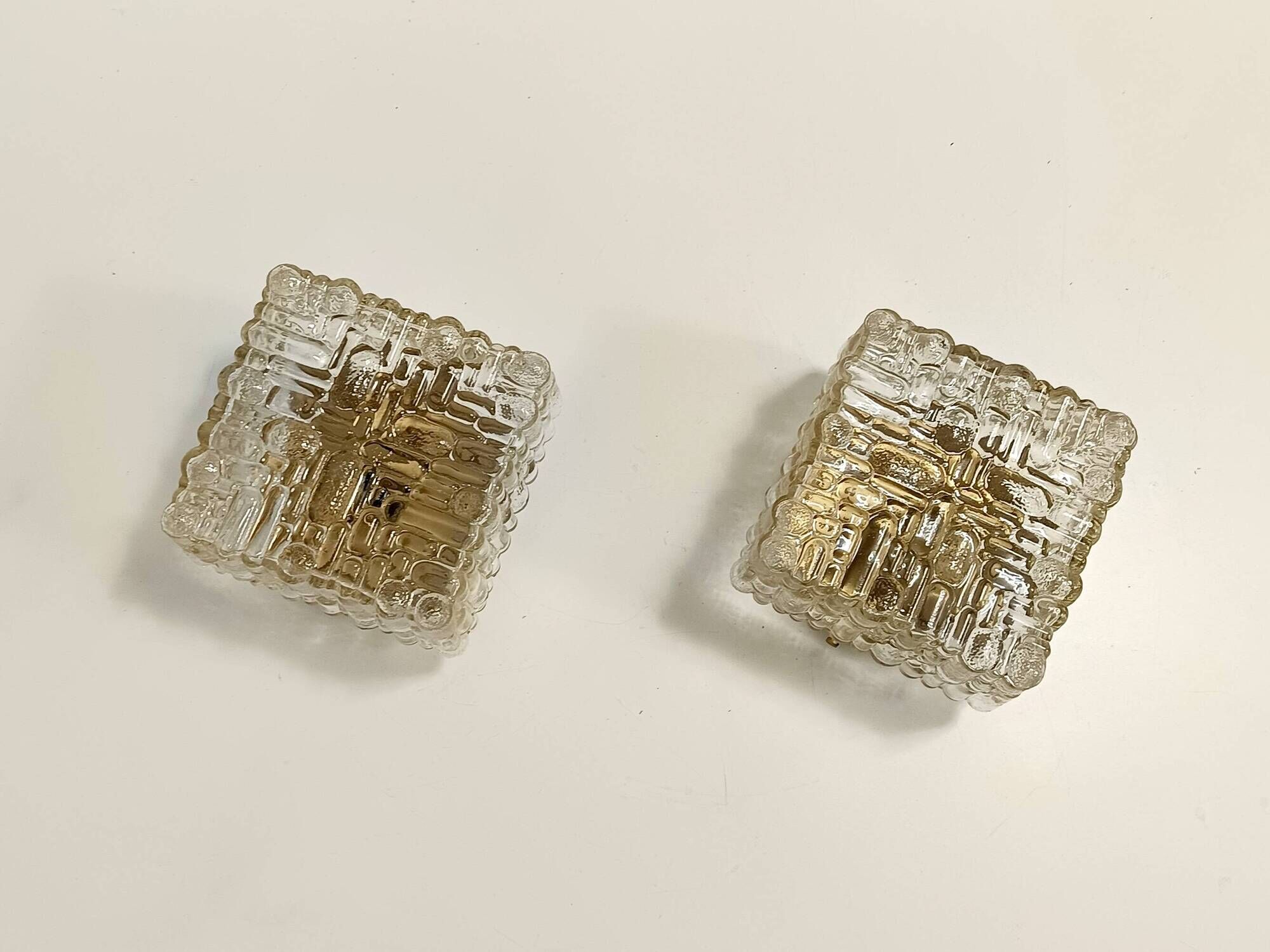 Pair of Square Molded Clear Glass and Gold Varnished Iron Wall Lights