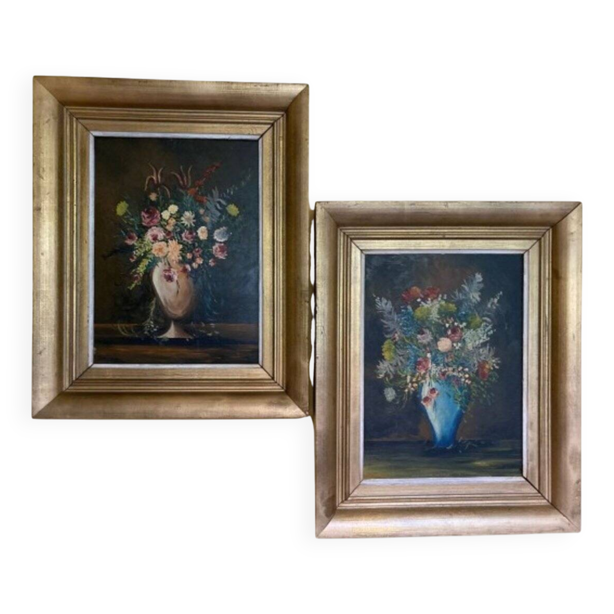 F. Domínguez, floral bodegones, 1945, oil on cardboard box, game of 2