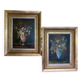 F. Domínguez, floral bodegones, 1945, oil on cardboard box, game of 2