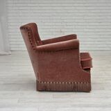 1970s, Danish armchair, salmon pink furniture velour, beech wood.