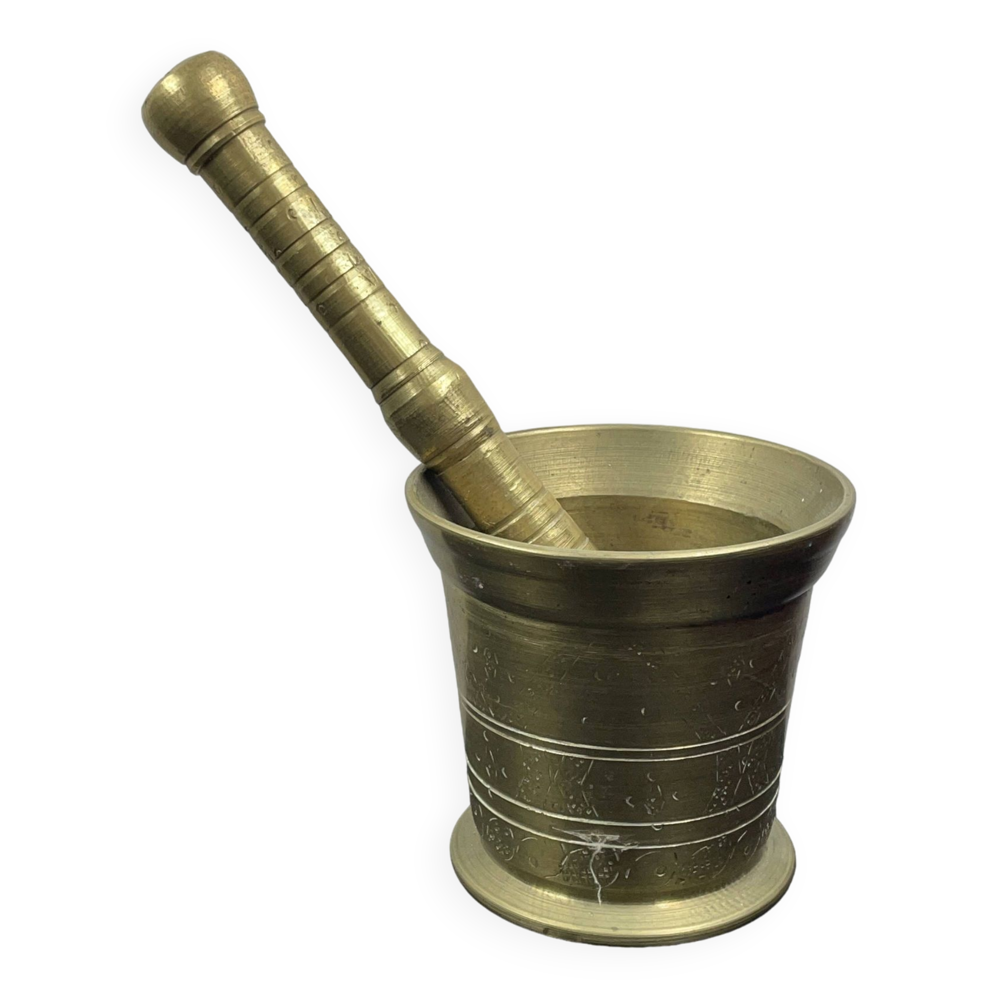 Large mortar & pestle. Chiseled bronze or brass metal, scarified decoration
