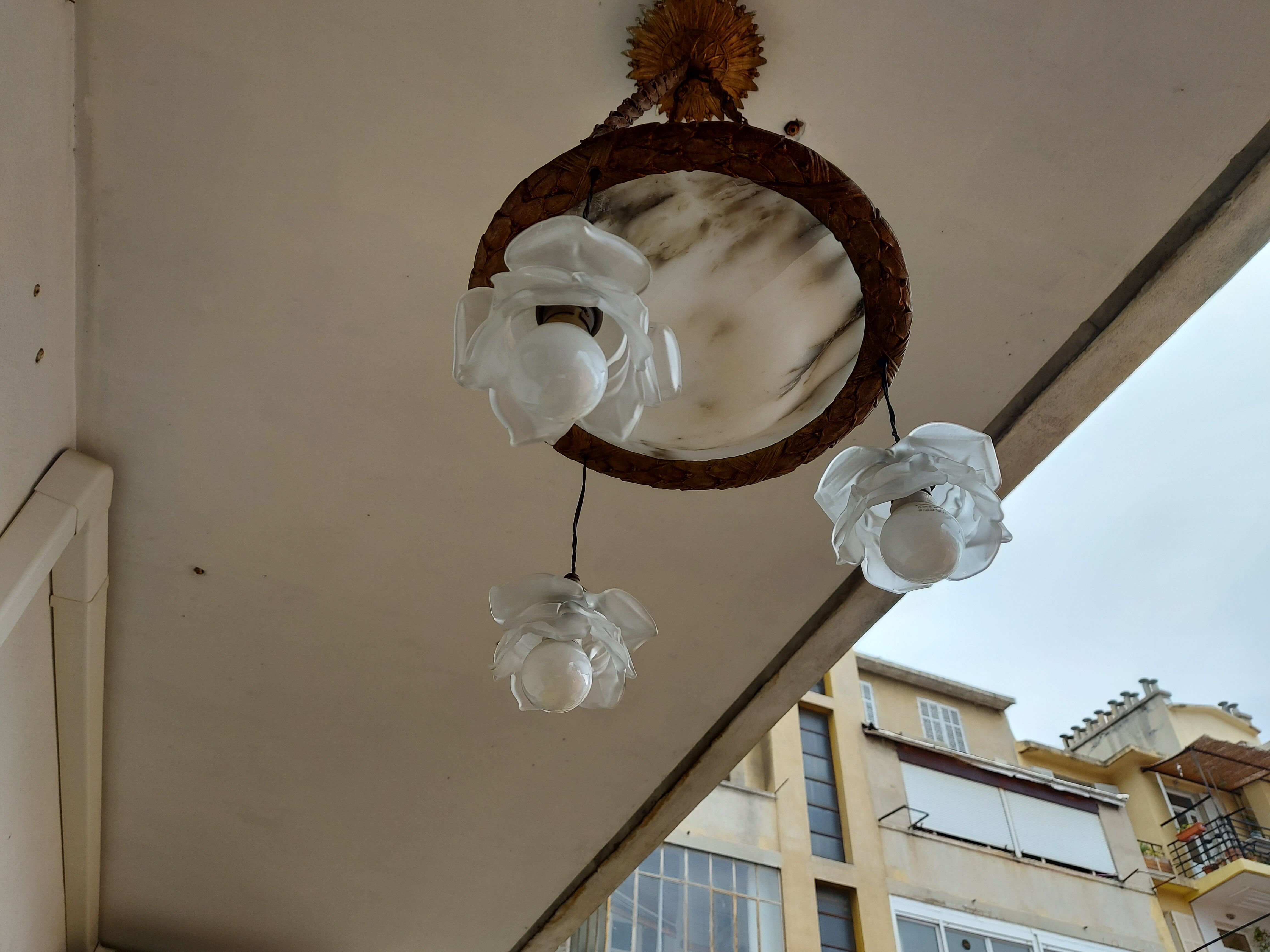 art nouveau chandelier, alabaster shells, molded glass and bronze
