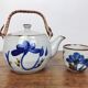 teapot and 4 cups in glazed stoneware - hand-painted blue décor
