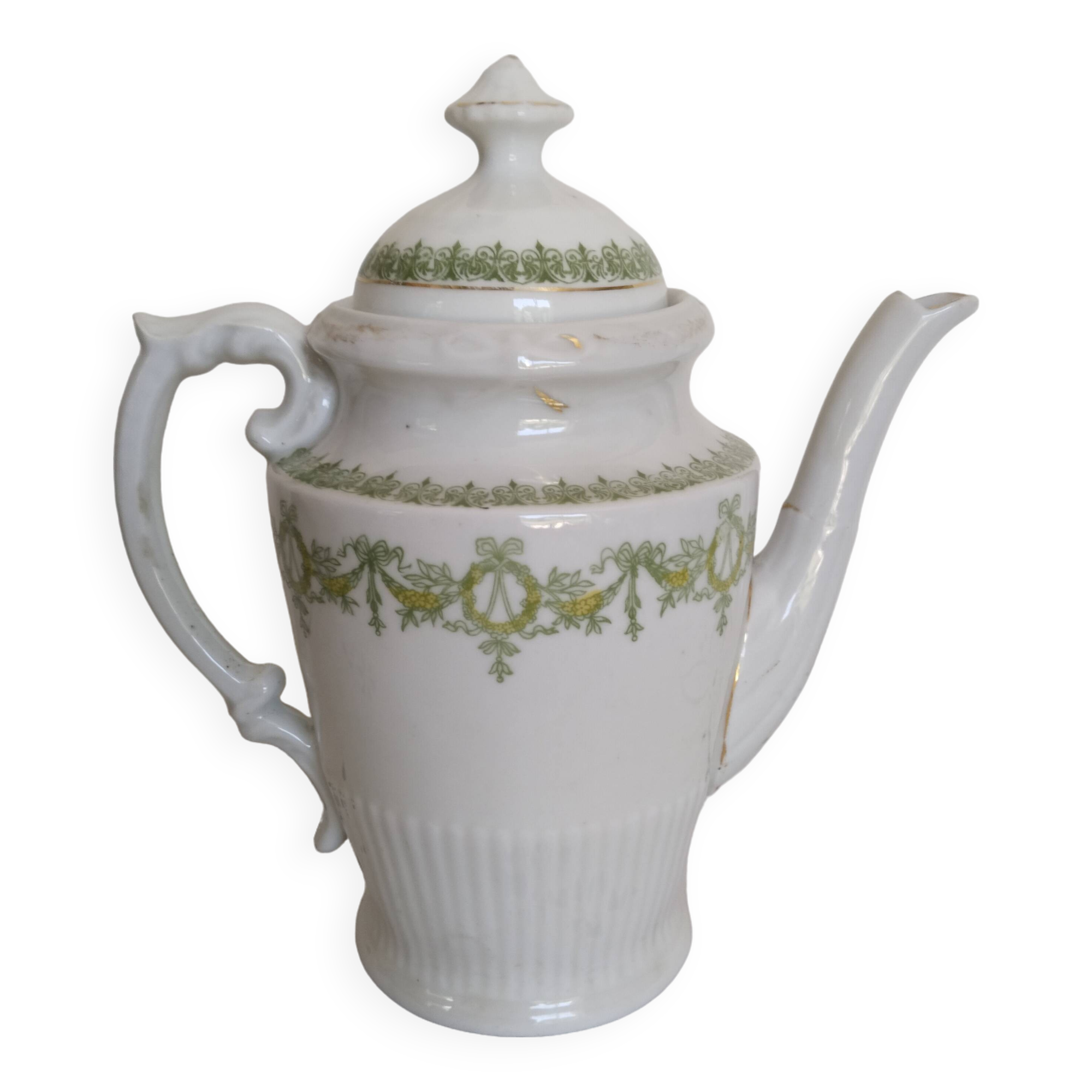 English porcelain coffee maker, green and gold, antique, vintage