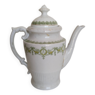 English porcelain coffee maker, green and gold, antique, vintage