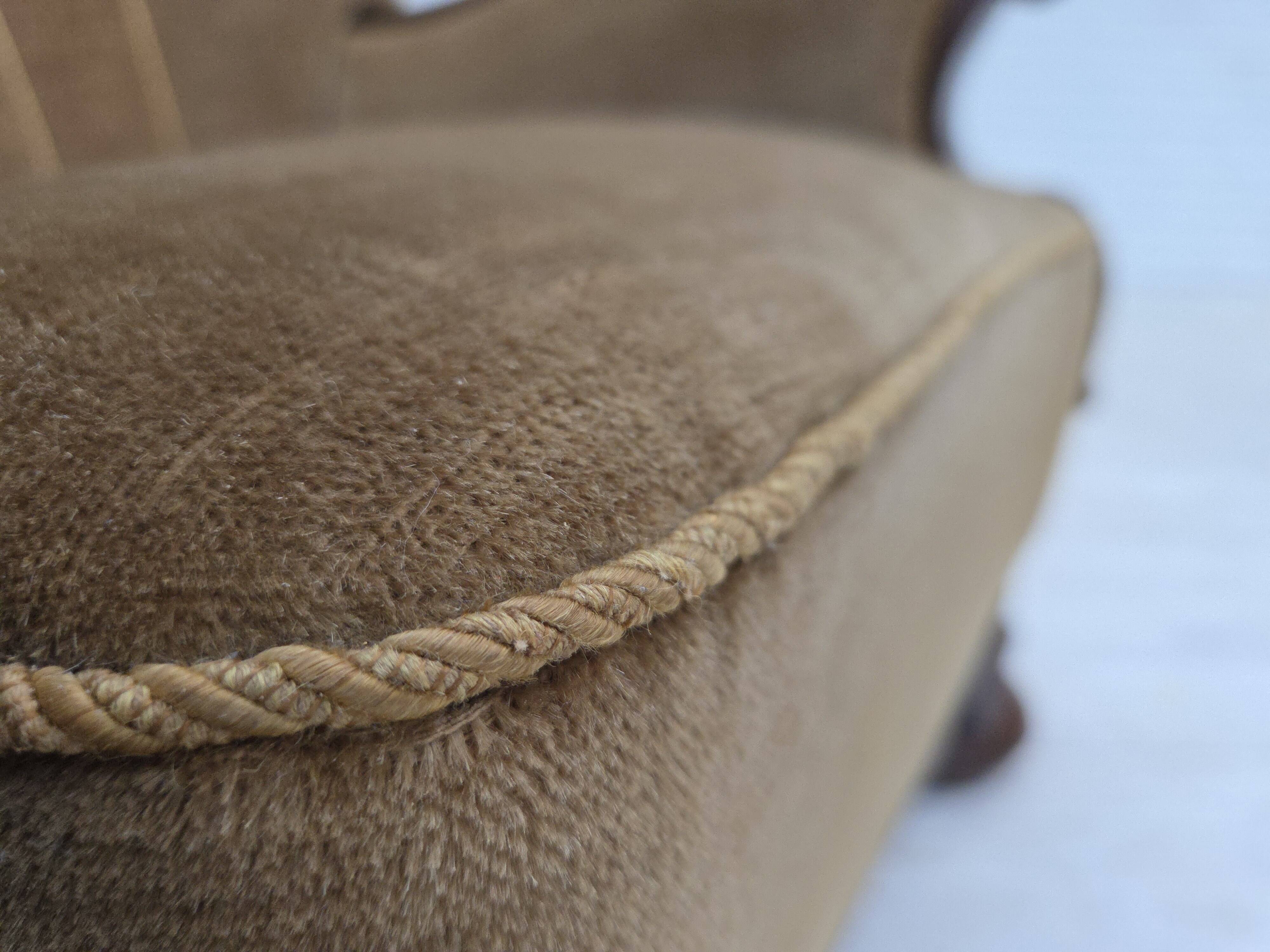 1960s, Danish relax chair, original green furniture velour, oak wood.