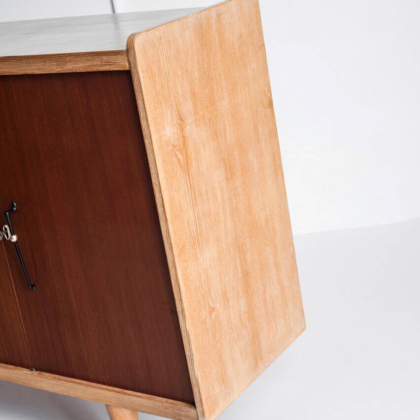 Vintage high buffet. Oak and mahogany veneer, France, 1960s.