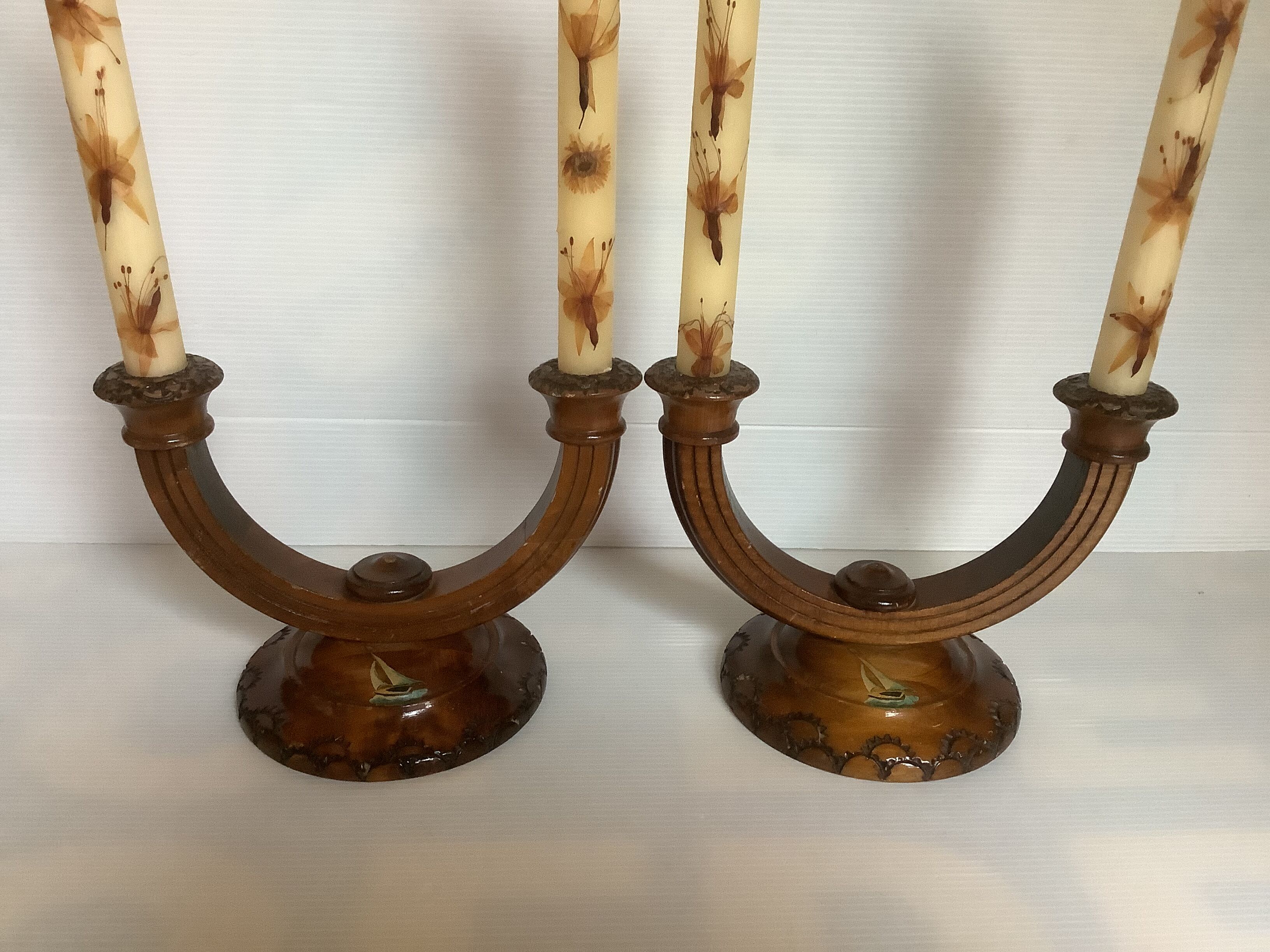 Old pair of brutalist wooden candlesticks dried flower candles
