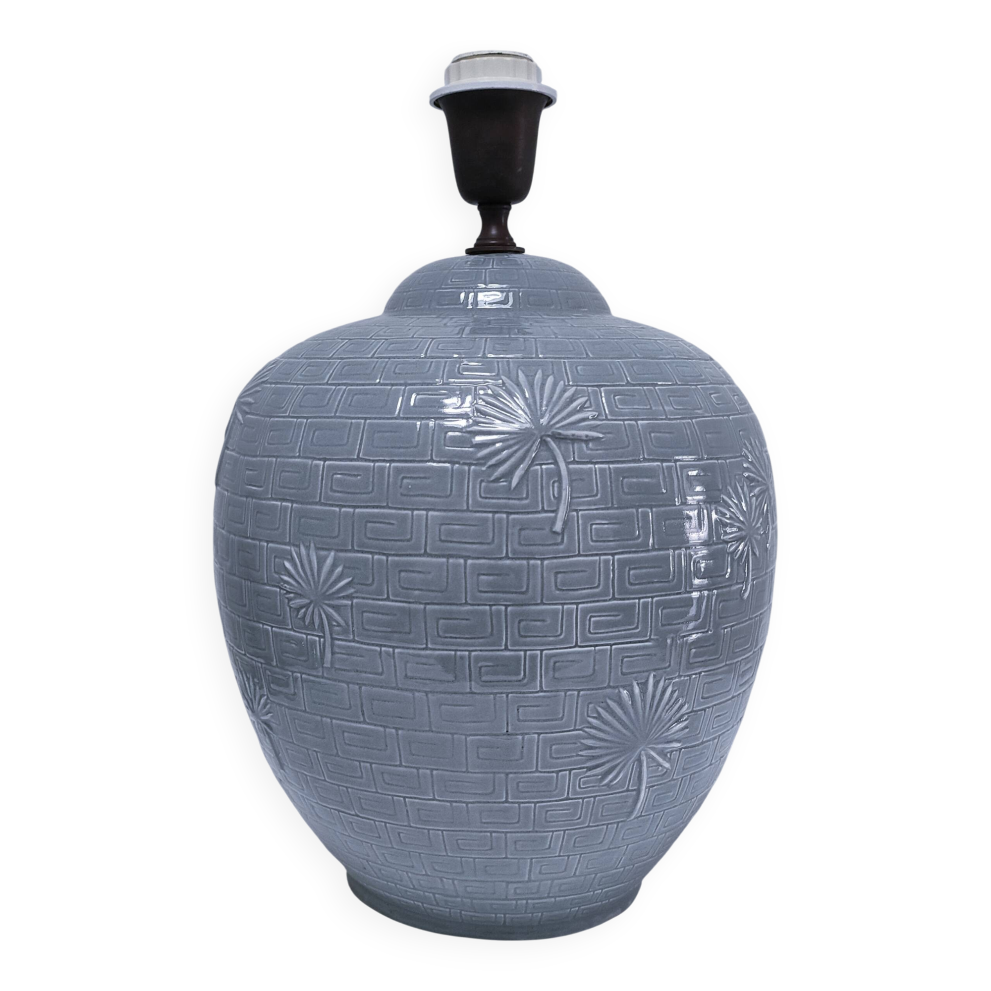 ceramic lamp in the shape of an XL pot, palm leaf decor, 80s