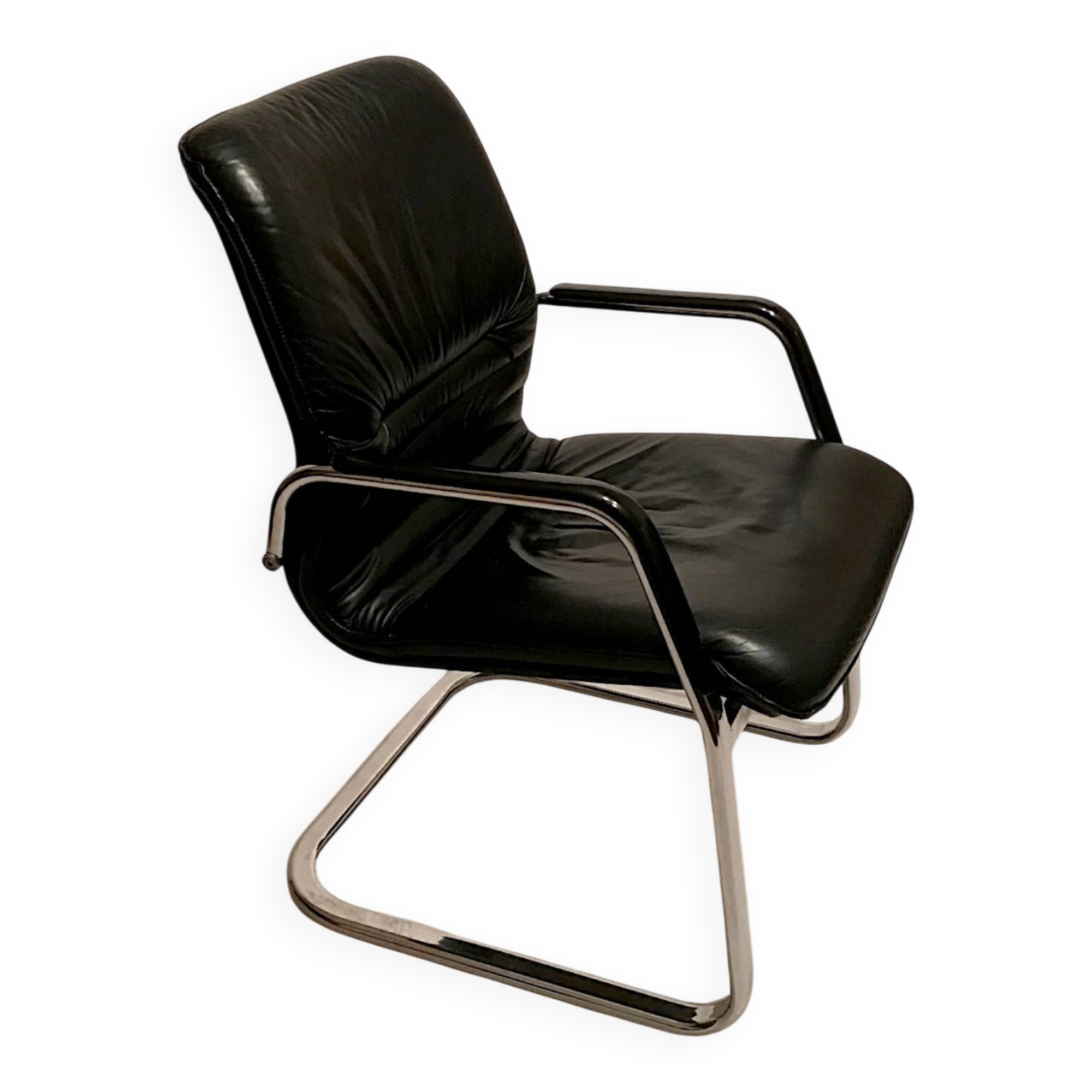 Black leather and chrome steel office chair, Italy 1990