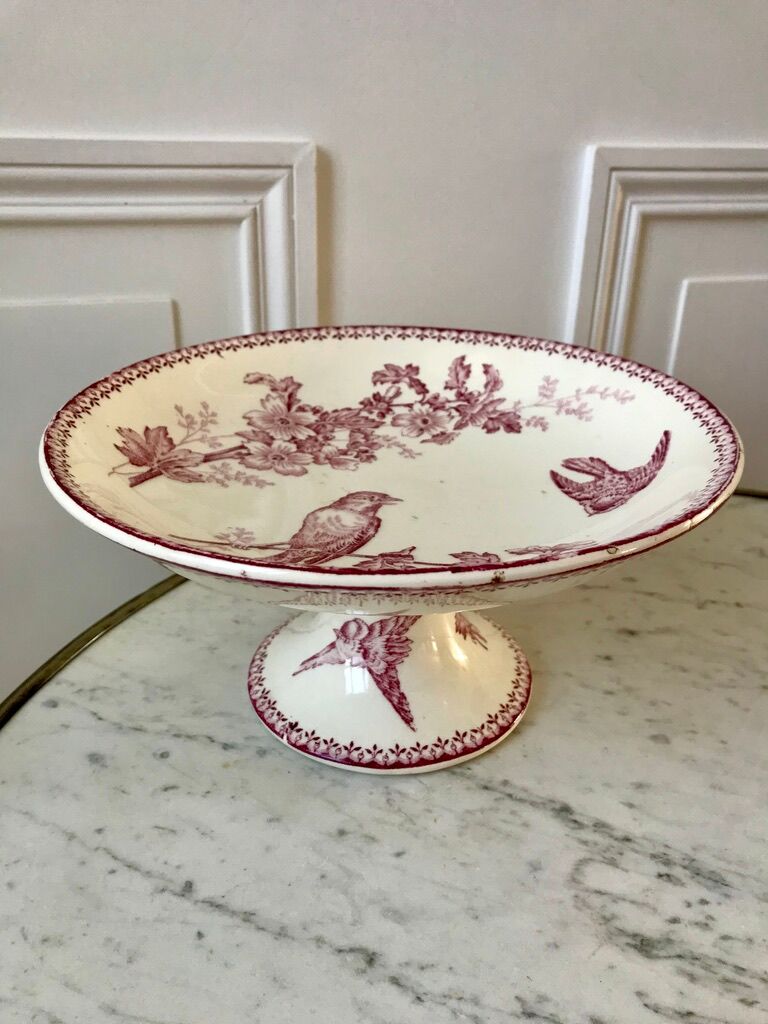 Compotier high in Terre de Fer Longwy model "Mésange" pink 1880 - XIXth
