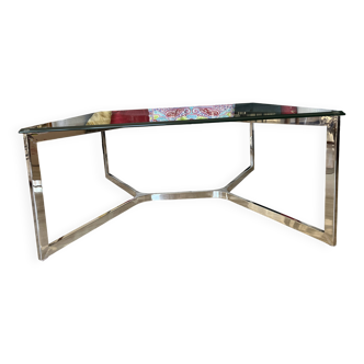 Table basse vintage en verre et acier poli