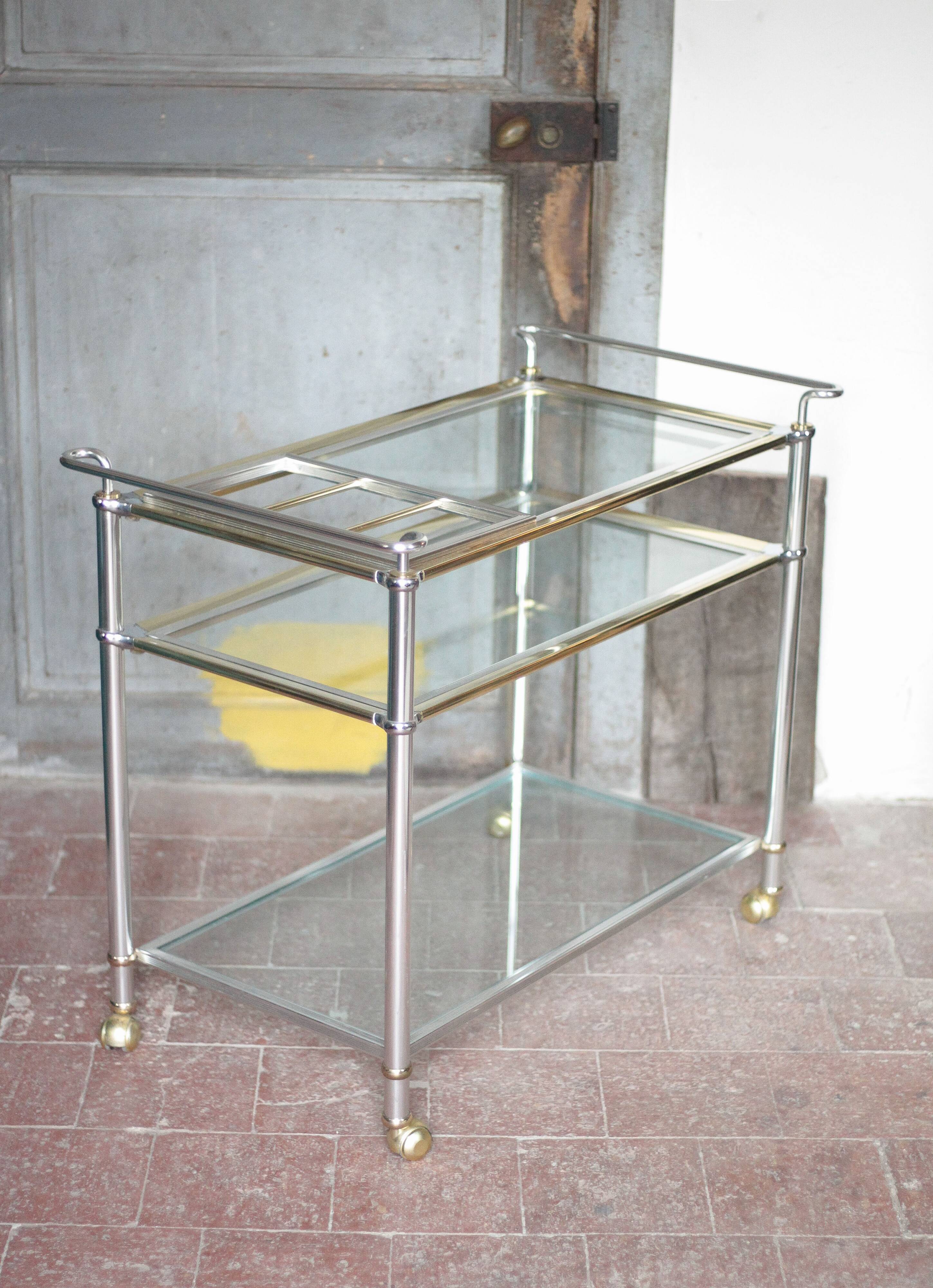 Vintage rolling dessert bar in gold metal and glass by Roche Bobois.