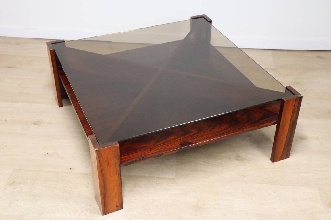 Scandinavian coffee table Mobelintarsia – Rosewood & smoked glass – 1960s