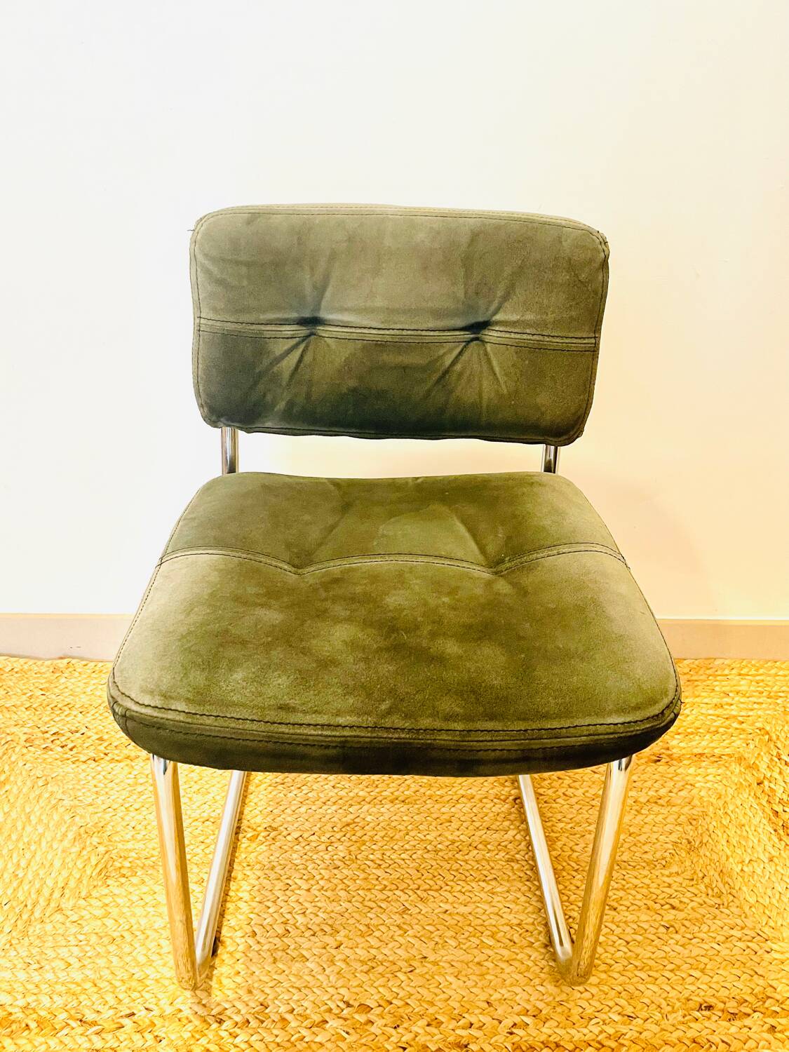 Vintage Roche Bobois chair in green suede Year 1970
