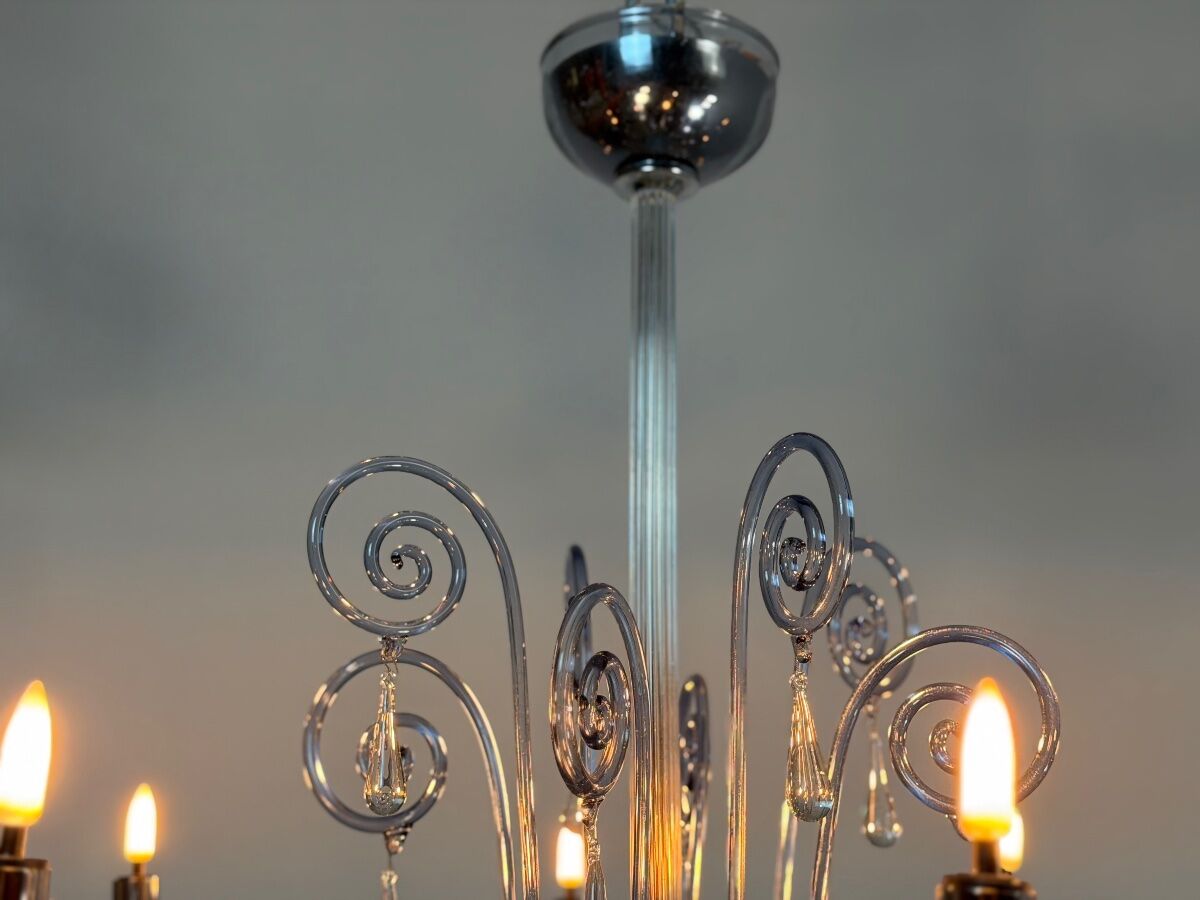 Venetian chandelier in two-tone grey/blue Murano glass with gilding, circa 1990.
