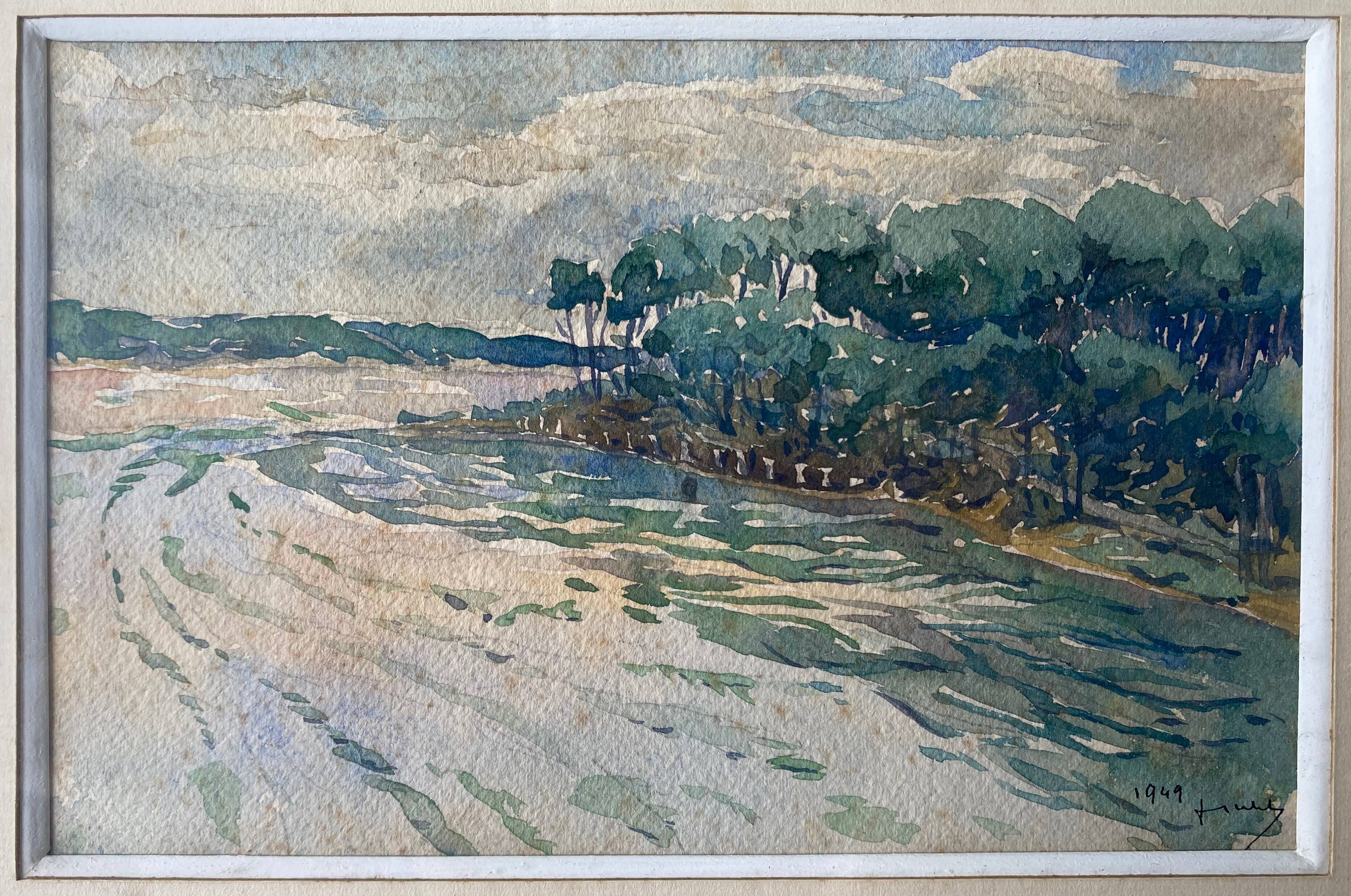Painting "Tree Riverside Landscape" Watercolor signed dated 1949