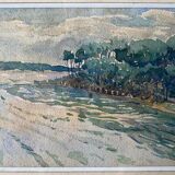 Painting "Tree Riverside Landscape" Watercolor signed dated 1949
