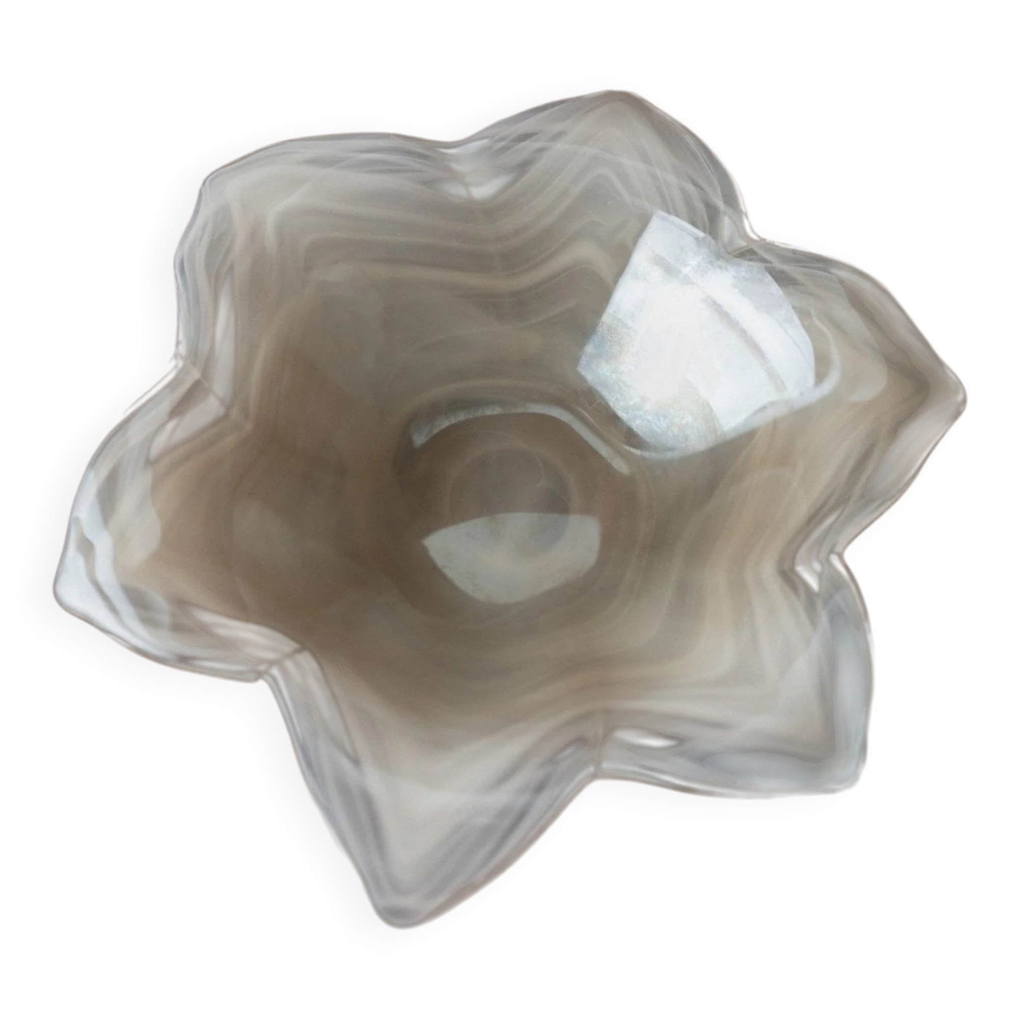 Vintage Murano glass bowl, flower-shaped centerpiece with transparent glass and white streaks, Italian 1980s